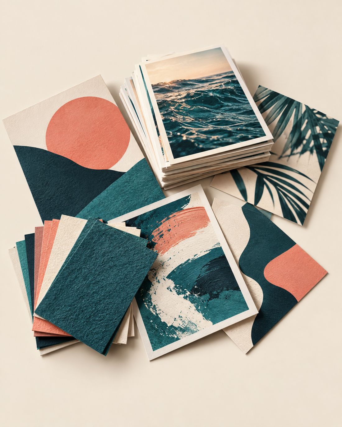 Printed texture swatches and illustration cards piled on a sand background
