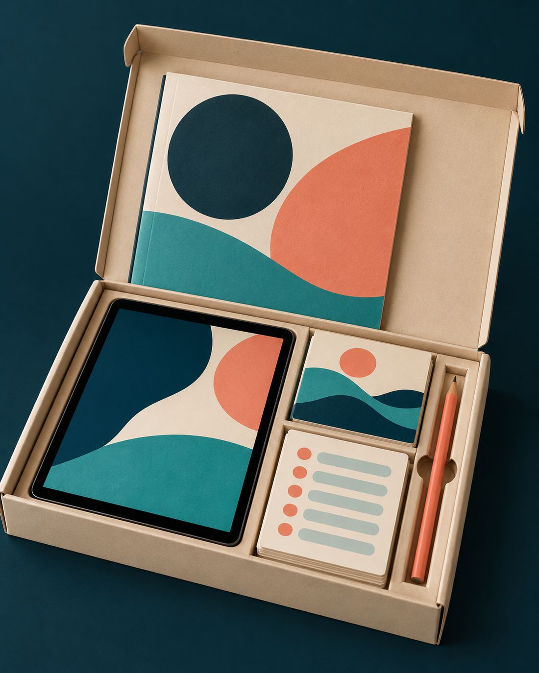An open sand-coloured kit box with a tablet, a guide and checklist cards on deep blue-green