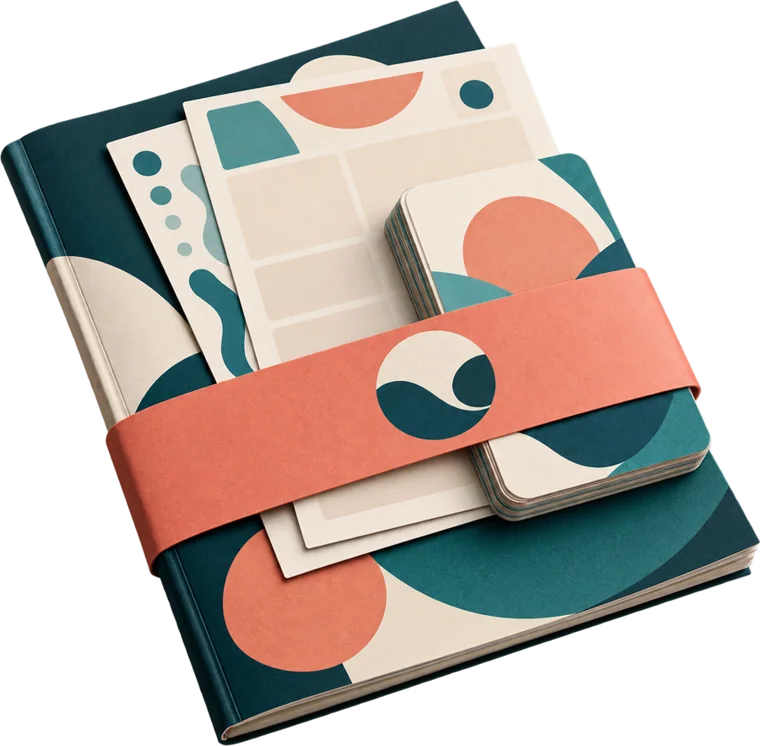 A tied bundle of a printed booklet, template sheets and a card deck wrapped in a coral band