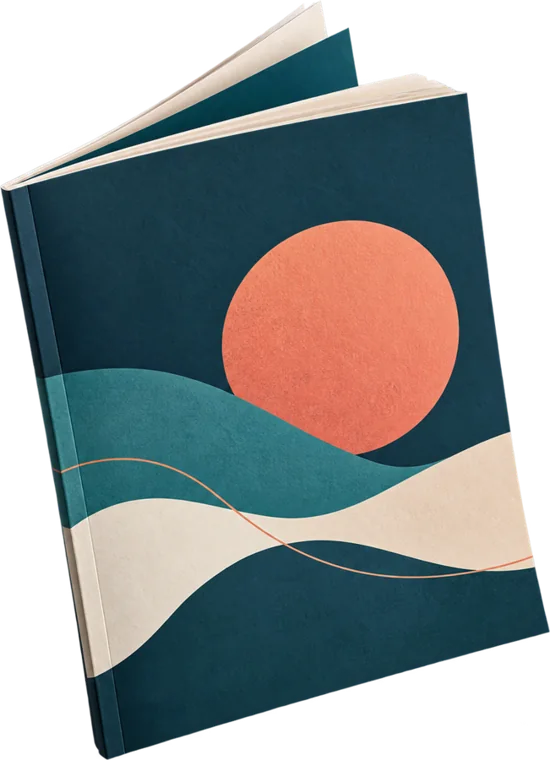 A printed guide booklet with a deep blue-green cover and a coral sun shape