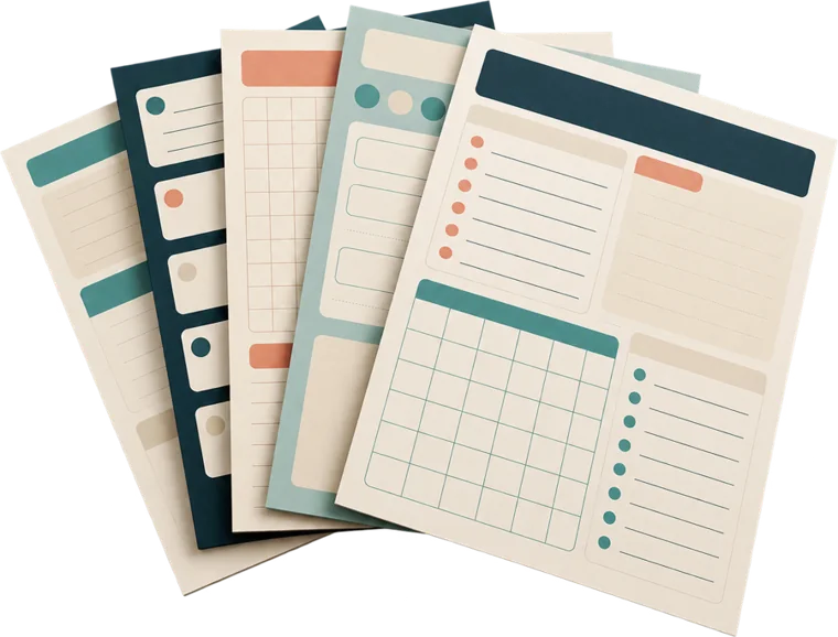 A fanned stack of printed template worksheets in cream, teal and sand