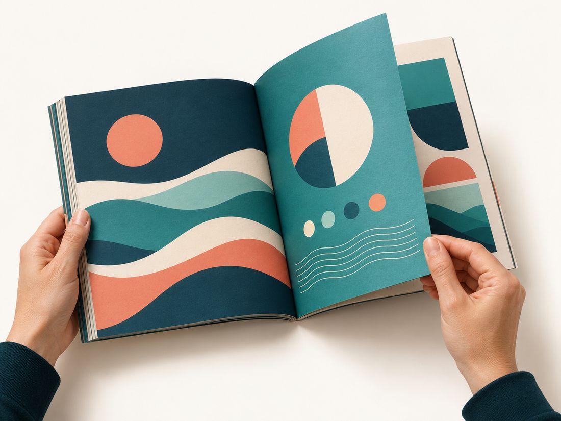 Hands flipping through a printed guide with teal pages and abstract diagrams